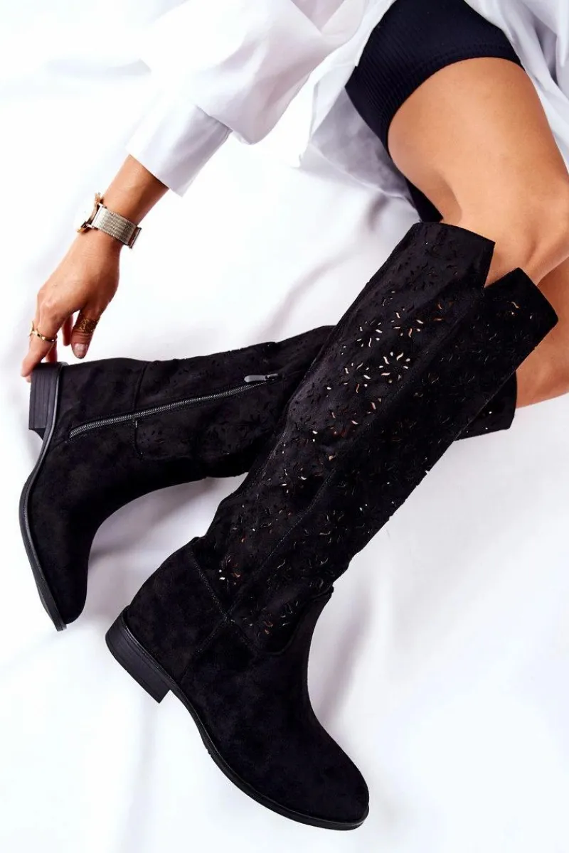 Kozaki Wiosenne|Kozaki Ażurowe>Boto Ażurowe Kozaki Na Ukrytym Koturnie Czarne Lara