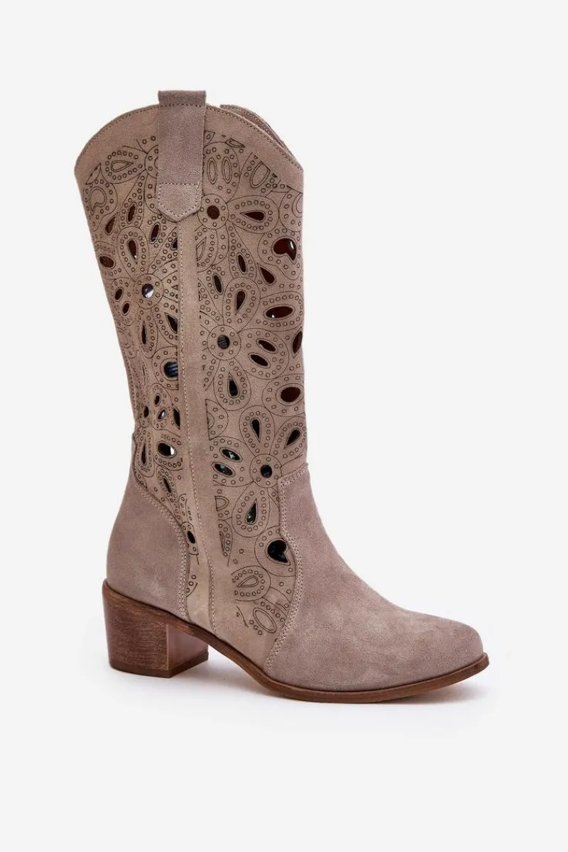 Kozaki Ażurowe|Kozaki Na Obcasie>Boto Ażurowe Kozaki Zamszowe Lewski Shoes 3170 Cappucino