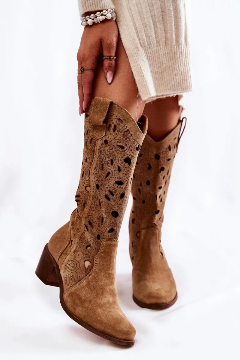Best Ażurowe Kozaki Zamszowe Lewski Shoes 3170 Beżowe Damskie Kozaki Ażurowe|Kozaki Przed Kolano