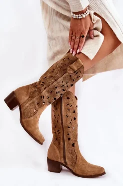 Best Ażurowe Kozaki Zamszowe Lewski Shoes 3170 Beżowe Damskie Kozaki Ażurowe|Kozaki Przed Kolano