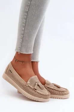 Hot Ażurowe Mokasyny Damskie Z Eko Zamszu Złote Tinami Damskie Loafersy Damskie|Mokasyny Damskie Skórzane