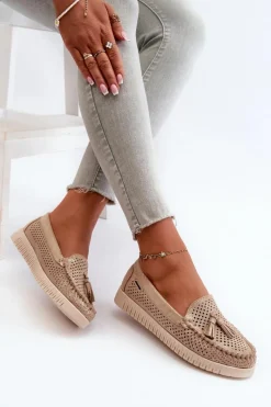 Hot Ażurowe Mokasyny Damskie Z Eko Zamszu Złote Tinami Damskie Loafersy Damskie|Mokasyny Damskie Skórzane