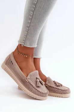 Loafersy Damskie|Mokasyny Damskie Skórzane></noscript>Boto Ażurowe Mokasyny Damskie Z Eko Zamszu Beżowe Tinami