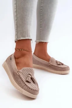 Loafersy Damskie|Mokasyny Damskie Skórzane></noscript>Boto Ażurowe Mokasyny Damskie Z Eko Zamszu Beżowe Tinami