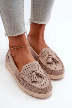 Loafersy Damskie|Mokasyny Damskie Skórzane></noscript>Boto Ażurowe Mokasyny Damskie Z Eko Zamszu Beżowe Tinami