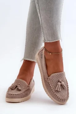 Loafersy Damskie|Mokasyny Damskie Skórzane></noscript>Boto Ażurowe Mokasyny Damskie Z Eko Zamszu Beżowe Tinami