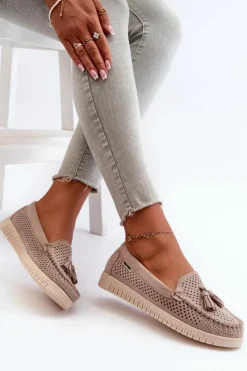 Loafersy Damskie|Mokasyny Damskie Skórzane></noscript>Boto Ażurowe Mokasyny Damskie Z Eko Zamszu Beżowe Tinami