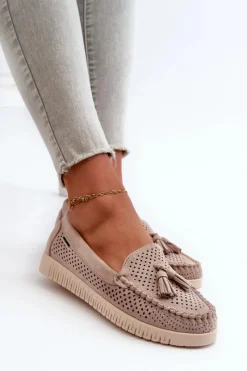 Loafersy Damskie|Mokasyny Damskie Skórzane></noscript>Boto Ażurowe Mokasyny Damskie Z Eko Zamszu Beżowe Tinami