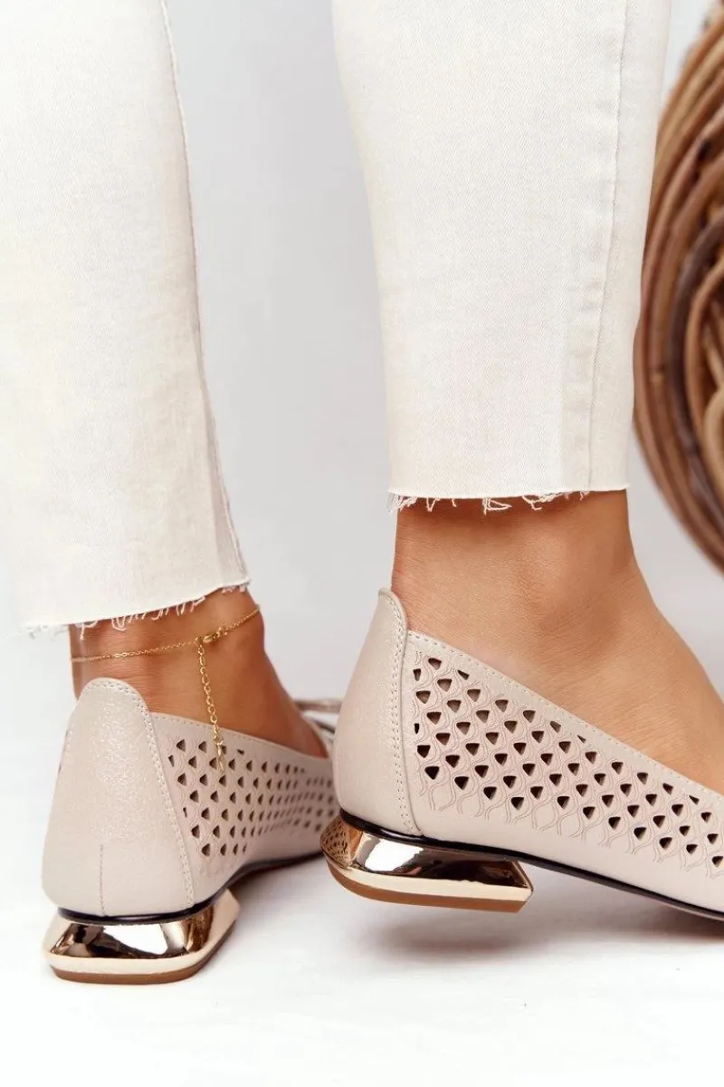 Hot Ażurowe Mokasyny Na Złotym Obcasie Vinceza 21-10602 Złote Damskie Mokasyny Damskie Skórzane