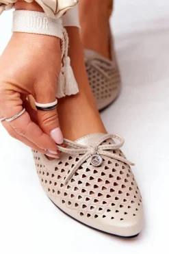 Hot Ażurowe Mokasyny Na Złotym Obcasie Vinceza 21-10602 Złote Damskie Mokasyny Damskie Skórzane