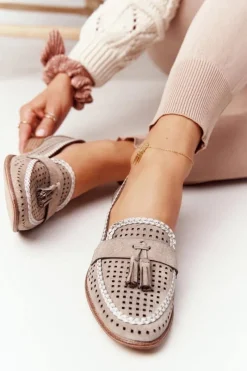 Clearance Ażurowe Mokasyny Sergio Leone MK735 Beżowe Damskie Mokasyny Damskie Zamszowe