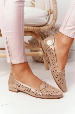 Outlet Buty Sergio Leone Ażurowe Mokasyny Sergio Leone BL627 Beżowe Połyskujące