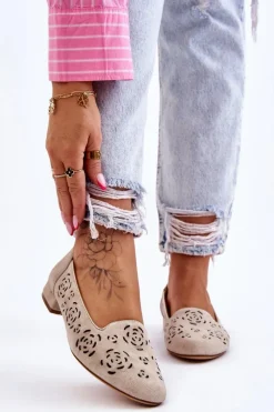 Mokasyny Damskie Zamszowe|Baleriny Klasyczne>Buty Sergio Leone Ażurowe Mokasyny Sergio Leone BL627 Beżowe