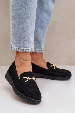 Hot Boto Ażurowe Mokasyny Ze Złotym Detalem I Jutową Plecionką Czarne Lainer