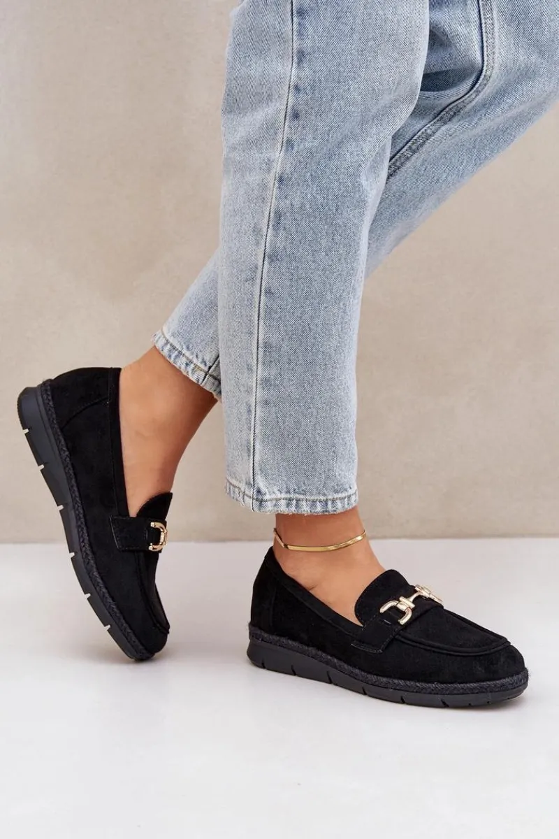 Hot Boto Ażurowe Mokasyny Ze Złotym Detalem I Jutową Plecionką Czarne Lainer