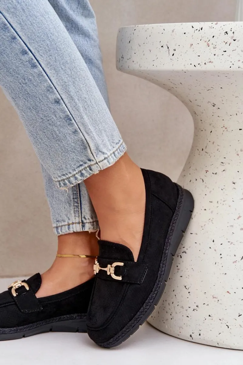 Hot Boto Ażurowe Mokasyny Ze Złotym Detalem I Jutową Plecionką Czarne Lainer