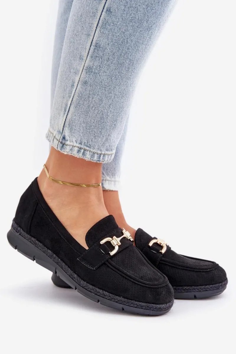 Hot Boto Ażurowe Mokasyny Ze Złotym Detalem I Jutową Plecionką Czarne Lainer