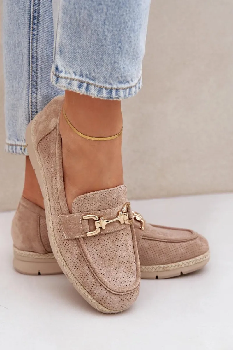Boto Ażurowe Mokasyny Ze Złotym Detalem I Jutową Plecionką Beżowe Lainer