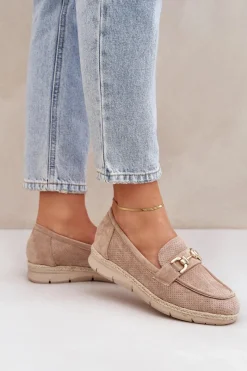 Boto Ażurowe Mokasyny Ze Złotym Detalem I Jutową Plecionką Beżowe Lainer