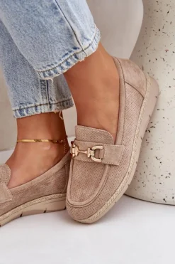 Boto Ażurowe Mokasyny Ze Złotym Detalem I Jutową Plecionką Beżowe Lainer