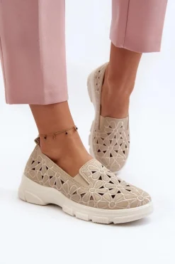 Online Ażurowe Półbuty Damskie Beżowe Emilei Damskie Półbuty Skórzane