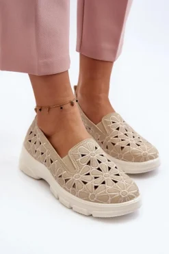 Online Ażurowe Półbuty Damskie Beżowe Emilei Damskie Półbuty Skórzane