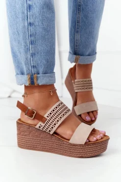 Damskie buty S.Barski Ażurowe Sandały Na Koturnie S.Barski GD-47 Beżowe