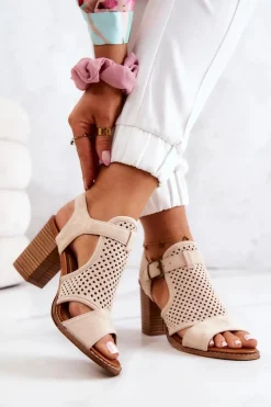 Sale Ażurowe Sandały Na Słupku Beżowe Hey Lover Damskie Sandały Ażurowe|Sandały Na Obcasie