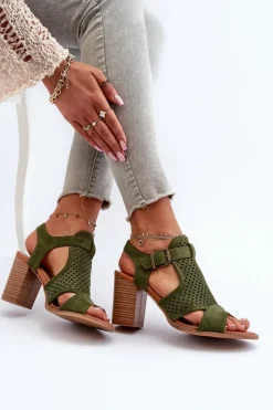 Best Evento Ażurowe Sandały Na Słupku Ciemnozielone Hey Lover