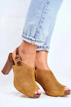 Clearance Ażurowe Sandały Na Słupku Sergio Leone SK855 Żółte Damskie Sandały Ażurowe|Sandały Na Obcasie