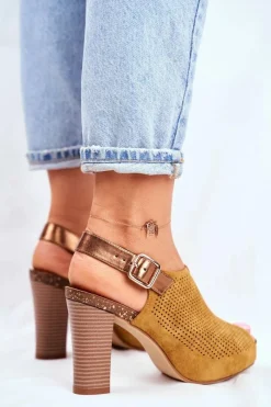 Clearance Ażurowe Sandały Na Słupku Sergio Leone SK855 Żółte Damskie Sandały Ażurowe|Sandały Na Obcasie