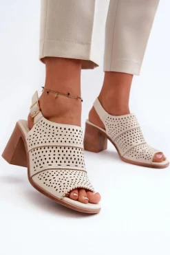 Sale Ażurowe Sandały Na Słupku Sergio Leone SK565 Jasnobeżowe Damskie Sandały Ażurowe|Sandały Na Obcasie