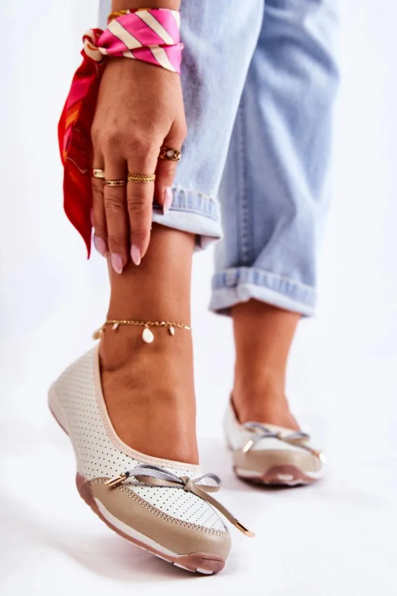 Baleriny Skórzane|Baleriny Klasyczne>Evento Ażurowe Skórzane Baleriny Biało-Beżowe Erdola