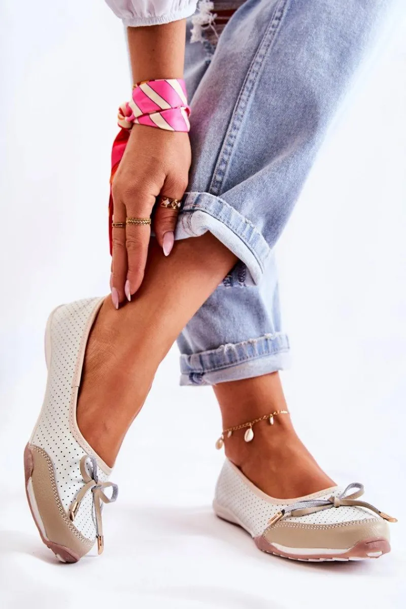 Baleriny Skórzane|Baleriny Klasyczne>Evento Ażurowe Skórzane Baleriny Biało-Beżowe Erdola