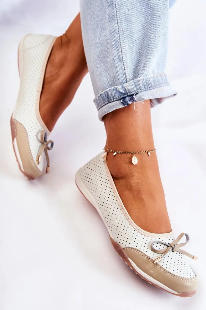 Baleriny Skórzane|Baleriny Klasyczne>Evento Ażurowe Skórzane Baleriny Biało-Beżowe Erdola