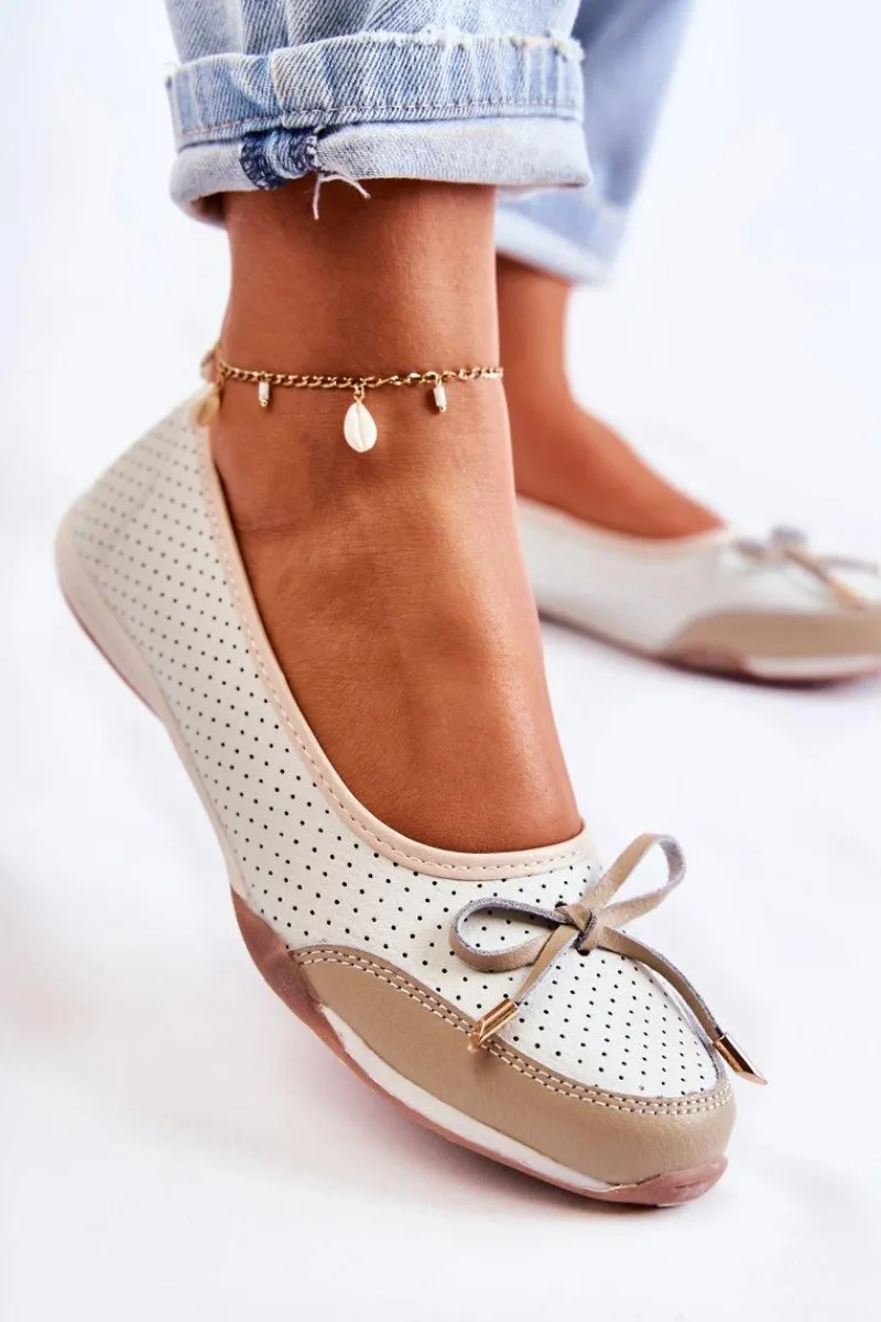 Baleriny Skórzane|Baleriny Klasyczne>Evento Ażurowe Skórzane Baleriny Biało-Beżowe Erdola