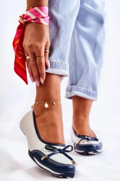 New Evento Ażurowe Skórzane Baleriny Biało-Granatowe Erdola