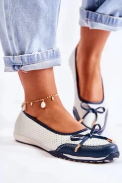 New Evento Ażurowe Skórzane Baleriny Biało-Granatowe Erdola