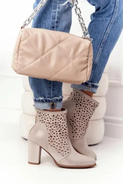 Online Boto Ażurowe Skórzane Botki Na Słupku Exquisite 1219 Cappuccino