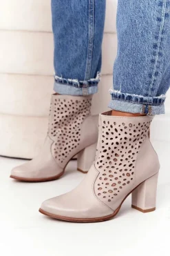 Online Boto Ażurowe Skórzane Botki Na Słupku Exquisite 1219 Cappuccino
