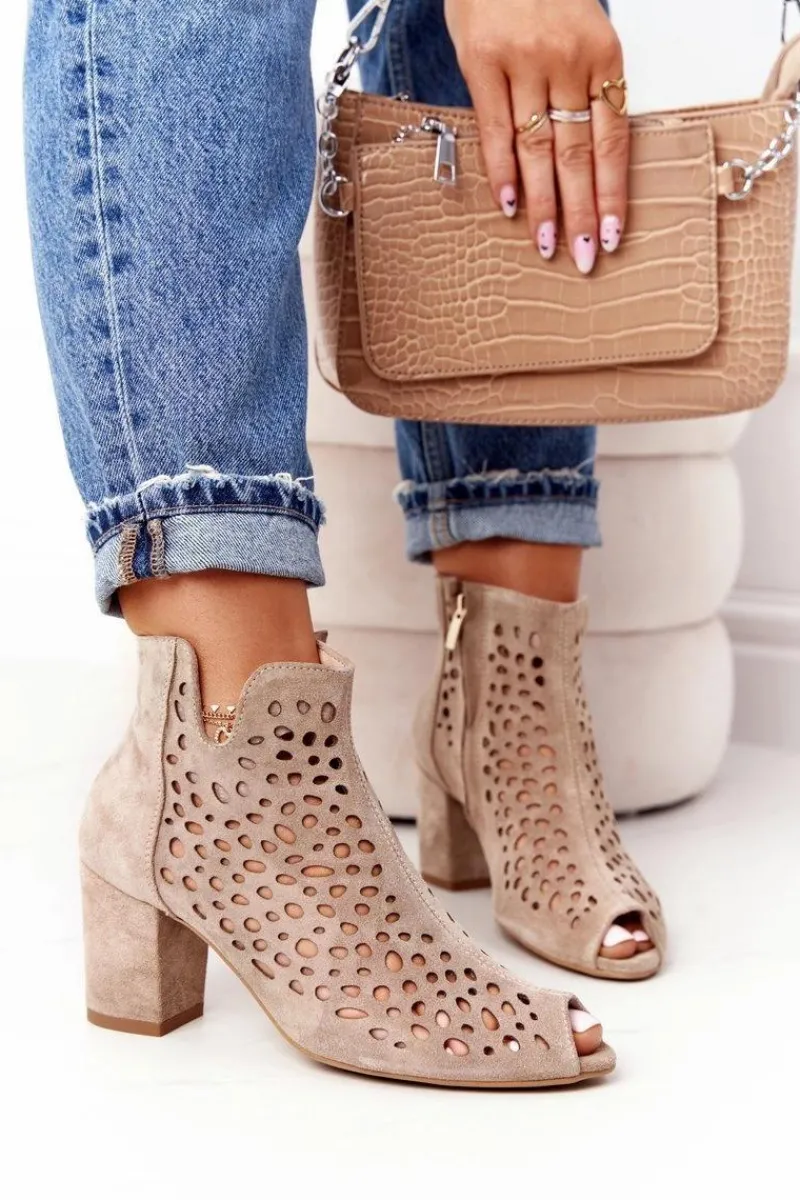Discount Ażurowe Skórzane Botki Na Słupku Exquisite 1184 Beżowe Damskie Botki Wiosenne|Botki Na Słupku