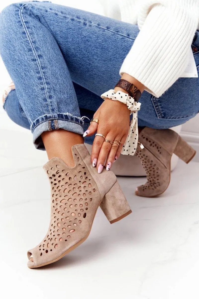 Discount Ażurowe Skórzane Botki Na Słupku Exquisite 1184 Beżowe Damskie Botki Wiosenne|Botki Na Słupku