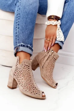 Discount Ażurowe Skórzane Botki Na Słupku Exquisite 1184 Beżowe Damskie Botki Wiosenne|Botki Na Słupku