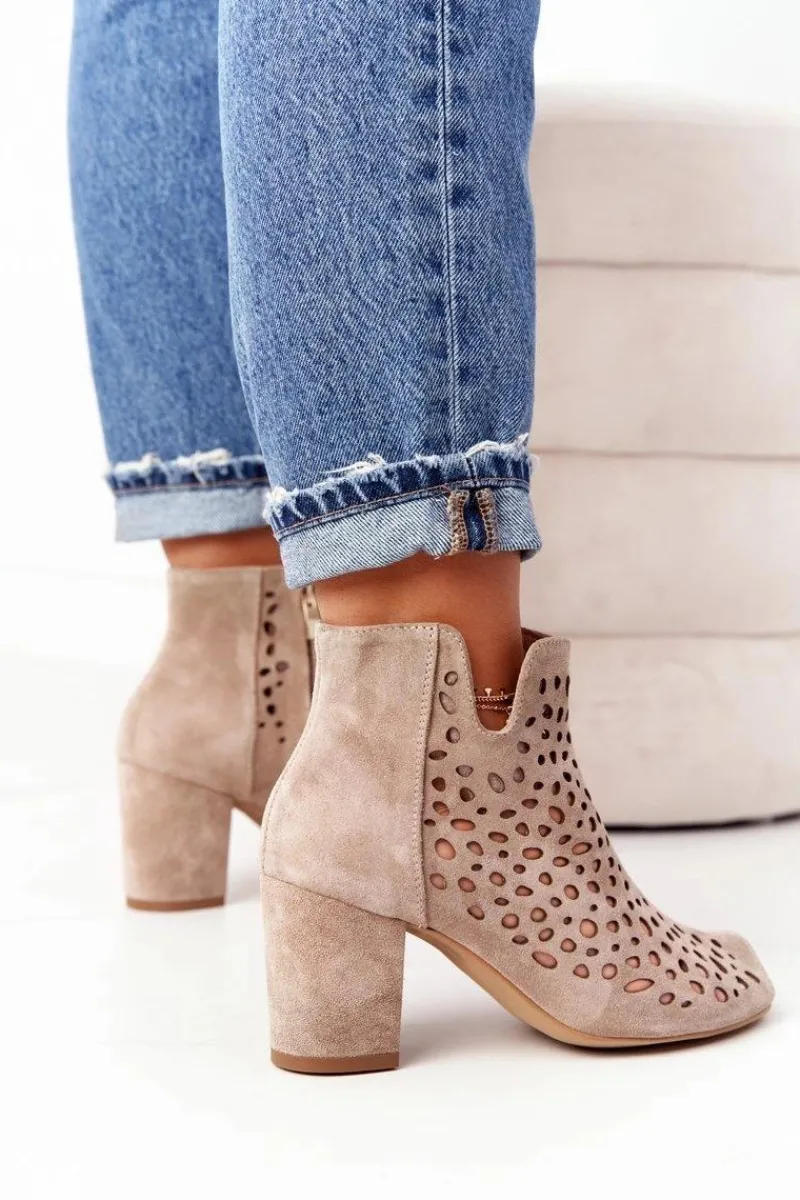 Discount Ażurowe Skórzane Botki Na Słupku Exquisite 1184 Beżowe Damskie Botki Wiosenne|Botki Na Słupku