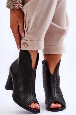 Outlet Ażurowe Skórzane Botki Na Słupku Czarne Florina Damskie Botki Na Słupku|Czarne Botki