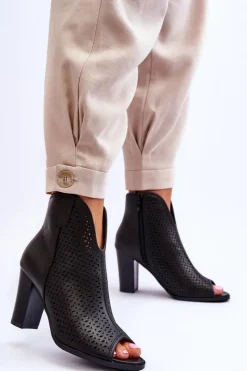Outlet Ażurowe Skórzane Botki Na Słupku Czarne Florina Damskie Botki Na Słupku|Czarne Botki
