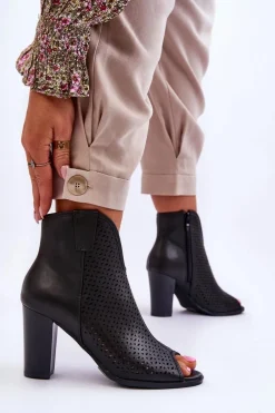 Outlet Ażurowe Skórzane Botki Na Słupku Czarne Florina Damskie Botki Na Słupku|Czarne Botki