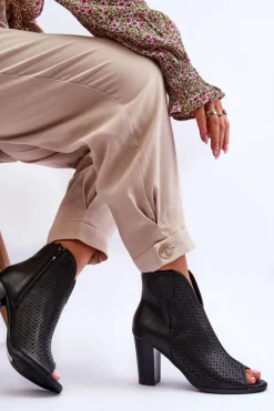 Outlet Ażurowe Skórzane Botki Na Słupku Czarne Florina Damskie Botki Na Słupku|Czarne Botki