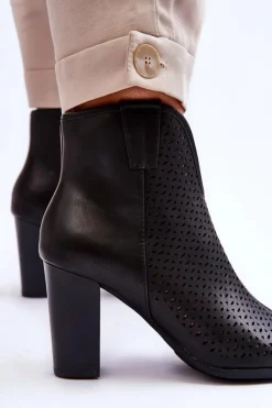 Outlet Ażurowe Skórzane Botki Na Słupku Czarne Florina Damskie Botki Na Słupku|Czarne Botki
