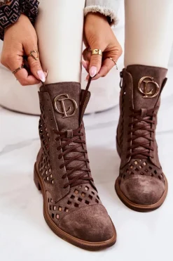 Botki Wiosenne|Botki Sznurowane>Zazoo Ażurowe Skórzane Botki Nicole Brązowe 2695